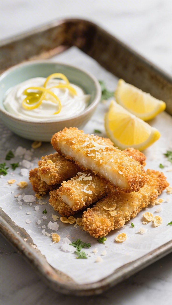 Straight-on plated presentation of crispy baked fish sticks with zippy lemon yogurt dip: golden-brown gluten-free breadcrumb and cornflake crusted cod sticks stacked on a parchment-lined tray, flecks of grated Parmesan visible; a small bowl of lemon yogurt dip with lemon zest curls and a drizzle of olive oil, lemon wedges alongside; fine sea salt crystals and parsley crumbs sprinkled around; crisp textures emphasized, cool daylight, high contrast to show crunch.