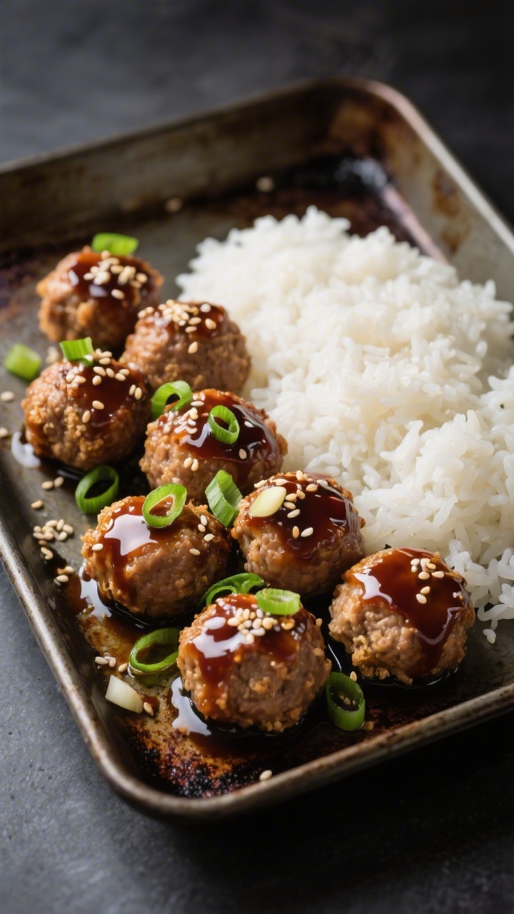 Straight-on plated presentation of glossy teriyaki meatballs on a rimmed sheet pan beside a mound of sticky white rice: tender ground chicken meatballs flecked with panko, ginger, and garlic, lacquered with soy-teriyaki glaze, sesame seeds scattered; thinly sliced green onion curls for freshness; warm, dark baking sheet patina contrasts with bright white rice, moody side light emphasizing glaze.