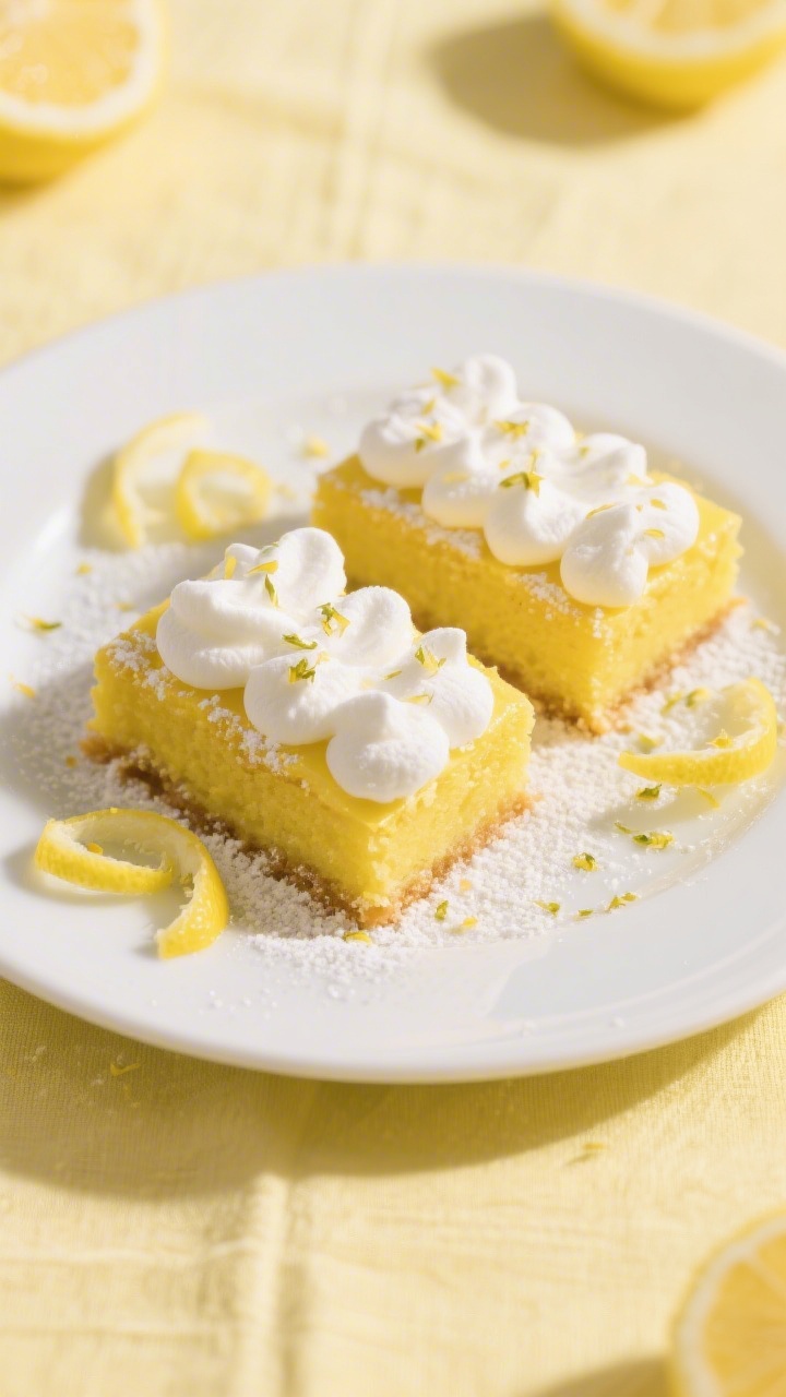 Straight-on plated presentation of Lemon Bunny Bars: vibrant yellow lemon bars made from yellow cake mix enriched with fresh lemon zest and lemon juice, cut into neat squares with clean edges, topped with a thick, fluffy layer of marshmallow creme “clouds” and a light dusting of powdered sugar; a few lemon zest curls scattered on the plate; bright, zingy styling with a white plate on a pale yellow linen, crisp daylight to emphasize citrus freshness.