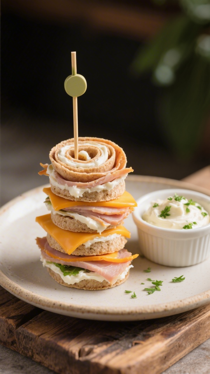 Straight-on plated presentation of Mini Turkey-Cheddar Pinwheel Stacks: whole-wheat tortilla spirals layered with light cream cheese (or whipped cottage cheese) spread, thinly sliced turkey breast, and mild cheddar, stacked into tidy towers secured with short picks; visible creamy swirl and orange cheddar bands; a small ramekin of extra veggie-forward spread on the side and a sprinkle of chopped herbs for freshness; neutral ceramic plate on a rustic board, soft directional light for appetizing sheen.