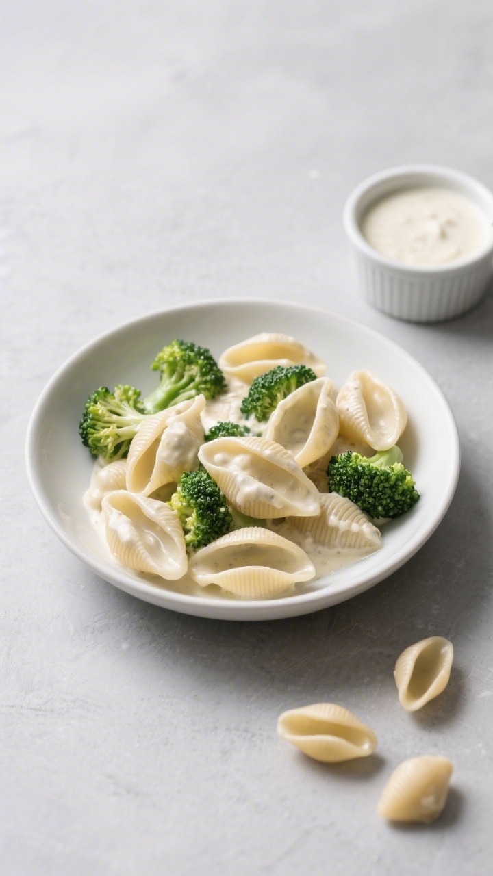 Straight-on plated presentation of no-cheese creamy broccoli pasta shells in a shallow white bowl: small pasta shells coated in a silky oat milk and white bean puree, tender green broccoli florets tucked among the shells, glossy and luscious without visible cheese. A small ramekin with extra blended white bean-oat milk sauce to the side, and a few uncooked shells scattered for context. Clean, modern styling on a matte light-gray surface, soft side lighting to highlight the creamy texture.