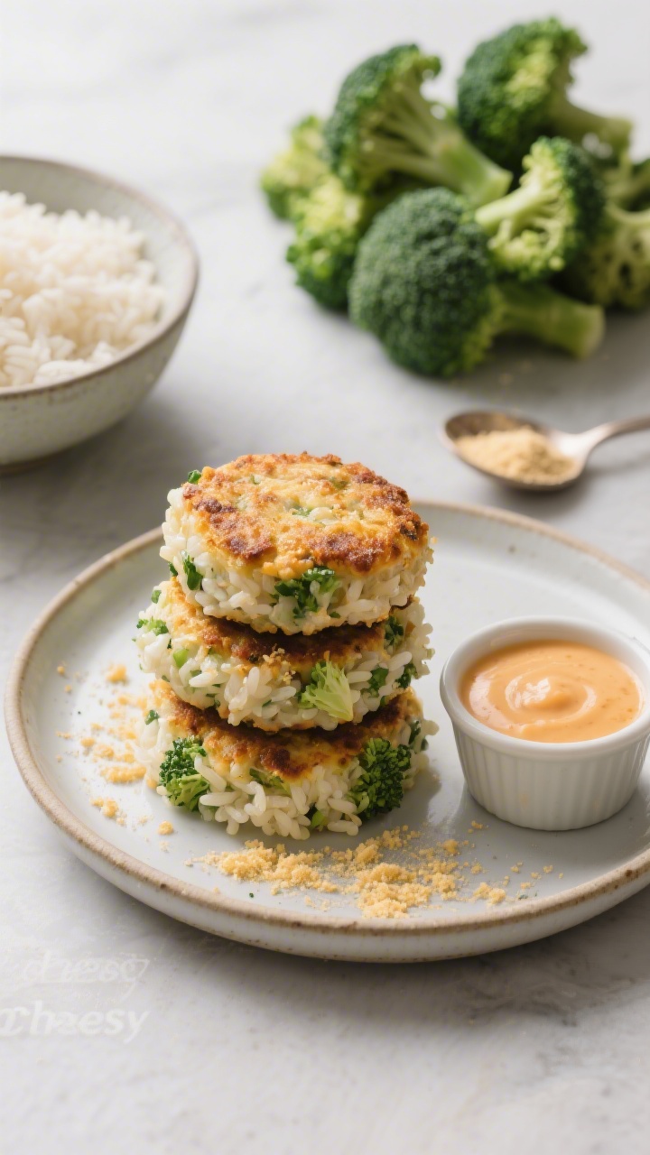 Straight-on plated presentation of no-dairy “cheesy” broccoli rice bites: crisp-edged, golden-brown patties stacked on a small rimmed plate, interior showing sticky short-grain rice studded with very finely chopped broccoli; sprinkled with nutritional yeast for a faux-cheesy look; a tiny ramekin of mild marinara on the side; backdrop includes a bowl of cooked rice, a mound of chopped steamed broccoli (patted dry), and a spoonful of nutritional yeast.