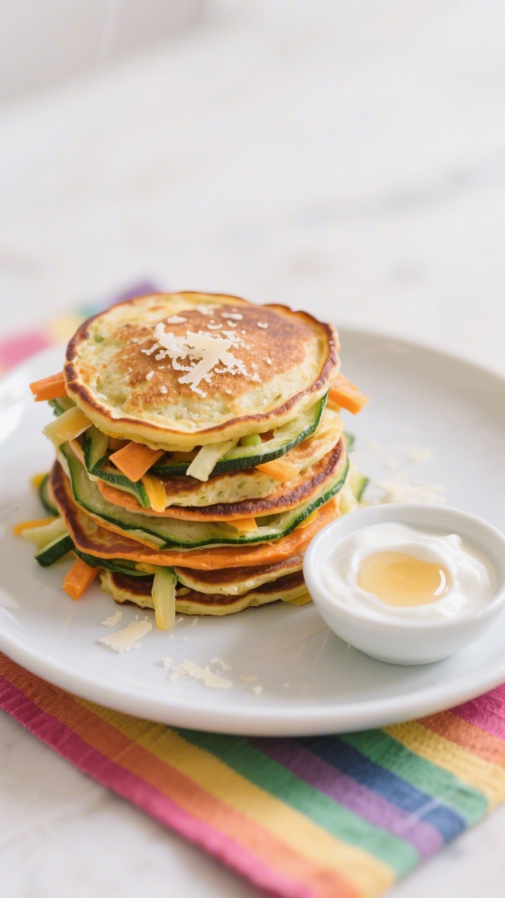 Straight-on plated presentation of rainbow veggie pancakes stacked and fanned on a small white plate, crisp-laced edges, visible ribbons of finely grated zucchini (well-squeezed) and sweet potato throughout, light specks of Parmesan/mild cheddar; a petite bowl of creamy yogurt dip alongside, faint drizzle of honey optional, set on a colorful napkin to echo the “rainbow” vibe; shallow depth of field to emphasize texture and melt.