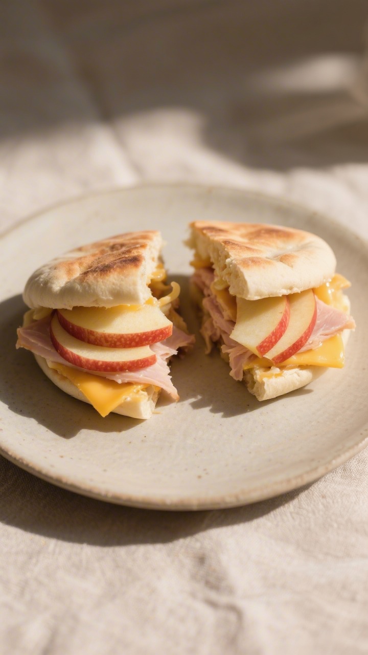 Straight-on plated presentation of soft turkey apple melts on mini pitas: mini pitas opened and layered with 3–4 thin slices low-sodium deli turkey, very thin peeled apple slices, and a gentle melt of shredded mild cheddar or Monterey; cheese just oozing at the edges, pitas cut into halves for small hands; set on a small neutral plate with a minimal linen, warm natural light.