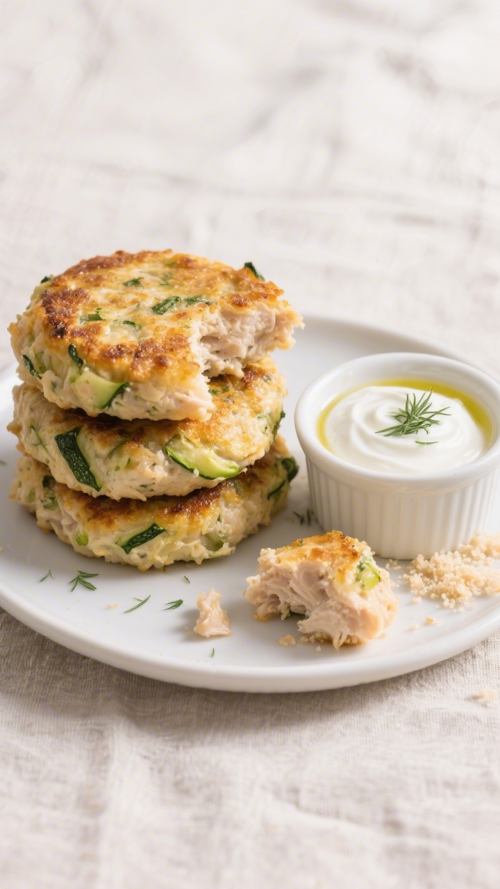 Straight-on plated presentation of super-soft chicken zucchini patties with yogurt dip: golden, lightly seared patties made from ground chicken, very dry grated zucchini, fine breadcrumbs, egg, onion powder, and dried dill, stacked on a small white plate. A ramekin of thick plain yogurt dip with a tiny swirl of olive oil and pinch of dill beside it; crumbs on the plate edge, tender interior visible in one broken patty to show moist texture; neutral linen backdrop, bright clean light.