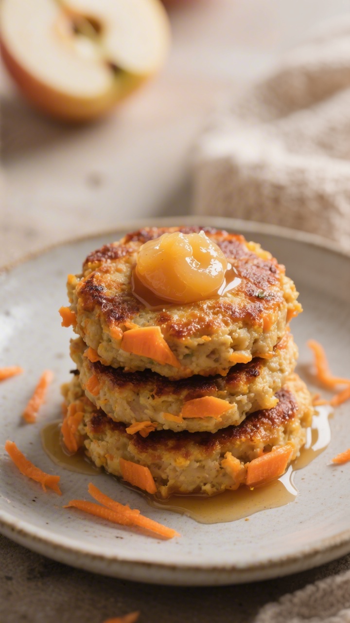 Straight-on plated presentation of sweet potato apple smash cakes with hidden carrots: small, hand-size patties made from mashed sweet potato, unsweetened applesauce, very finely grated carrot, egg, and whole-wheat flour, pan-seared to a lightly caramelized exterior. Stack three cakes on a matte ceramic plate with a dollop of applesauce, a drizzle of maple syrup, and grated carrot wisps around; soft, cozy morning light, warm color palette highlighting orange and golden tones, no people.