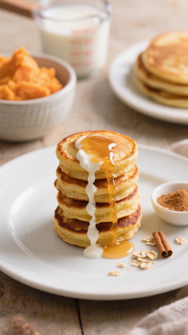 Straight-on plated presentation of sweet potato pancake bites stacked into a small tower, golden-edged and fluffy, with a glossy yogurt-honey drizzle cascading down; a small dish of extra drizzle at side, a sprinkle of cinnamon and a few toasted oat crumbs for texture; ingredients subtly included in the background: a bowl of mashed sweet potato, a measuring cup of pancake mix, and milk; warm morning light, soft depth of field emphasizing the moist crumb and syrupy sheen.