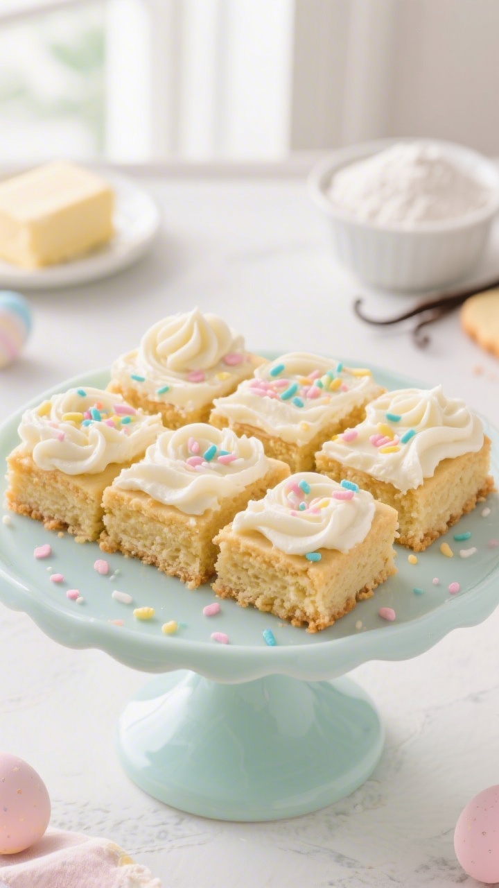 Straight-on plated presentation of thick, golden Easter sugar cookie bars cut into neat squares on a pastel cake stand, topped with a cloudlike swirled vanilla frosting and showered with multicolor pastel sprinkles; soft, buttery crumb visible on cut edges, ingredients subtly referenced in background props (butter, flour, sugar, vanilla), shallow depth of field, natural window light, clean pastel backdrop to emphasize the sprinkle-freckled frosting.