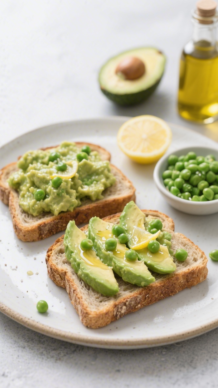 Straight-on plated presentation of two-minute avocado toast soldiers with protein pea smash: a slice of whole-grain sourdough cut into thick “soldiers,” topped with a chunky mash of ripe avocado and thawed peas, glistening with olive oil, brightened with lemon juice, lightly salted for toddlers; a small dish of extra pea smash beside the plate; supporting elements include half an avocado with pit, a lemon wedge, and a small bottle of olive oil; crisp daylight on a simple ceramic plate over a light slate surface for a fresh, speedy breakfast mood.