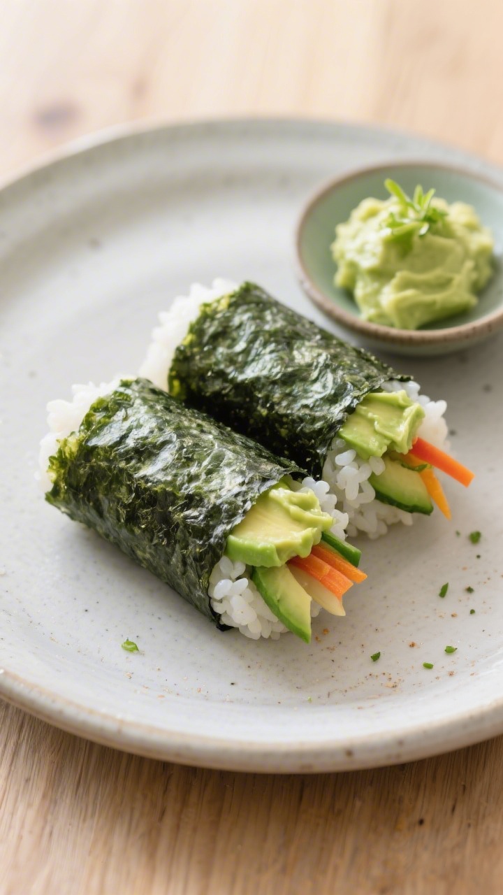 Straight-on plated presentation of Veggie Sushi Hand Rolls with Creamy Avocado Spread: neat nori hand rolls (nori sheets cut in half) filled with a layer of avocado spread (avocado, lime juice, garlic powder, salt) and fluffy cooked rice peeking out; fresh veggie fillings implied with crisp, colorful strips; a small dish of extra avocado spread garnished with lime zest; minimalist ceramic plate on a light wood surface, clean lines, high contrast to make the deep green nori and pale green avocado pop; emphasis on fresh, creamy textures and tidy roll structure.