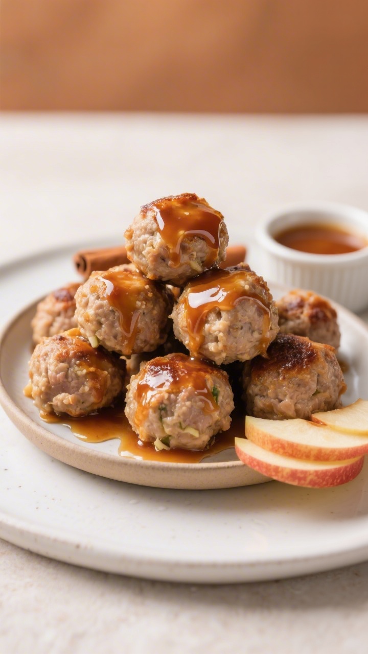 Straight-on plated shot of apple-cinnamon turkey meatballs with maple glaze: small, tender meatballs made from 1 pound ground turkey mixed with finely grated apple and warm cinnamon, baked until lightly browned; brushed with a shiny amber maple glaze that clings and drips slightly; stacked in a shallow dish with a side ramekin of extra glaze, thin apple slices as garnish; warm autumnal tones and a clean backdrop to emphasize gloss and juiciness.