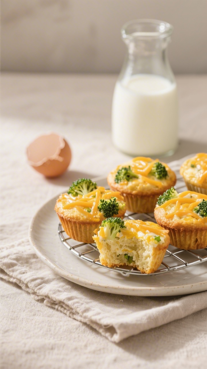 Straight-on plated shot of cheesy broccoli egg muffins on a cooling rack, golden tops with visible melted mild cheddar strands and finely chopped broccoli florets inside; a carafe of whole milk nearby and a cracked egg shell for context, one muffin sliced open to reveal fluffy interior; warm morning light, neutral linen, minimal props to emphasize reheatable toddler-friendly bites