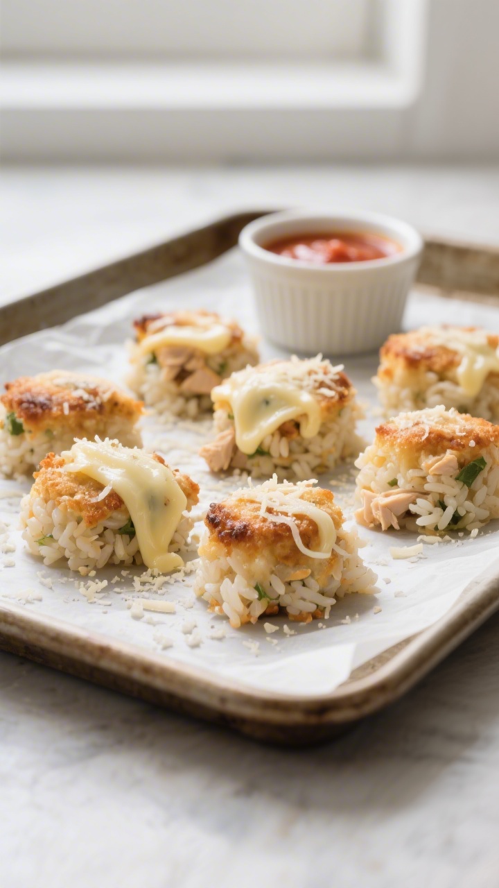 Straight-on plated shot of cheesy chicken and rice bites arranged on parchment over a baking sheet, lightly browned and crisp on the outside with melty mozzarella threads, flecks of finely chopped cooked chicken visible in the tender short-grain rice, a dusting of grated Parmesan on top, dipping ramekin of mild marinara in the background, neutral backdrop, soft window light for a no-fuss, grab-and-go feel