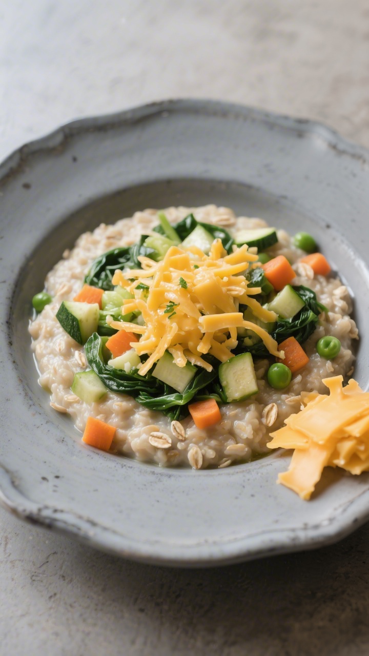 Straight-on plated shot of Savory Veggie Oatmeal with Cheddar: a shallow bowl of soft quick-oat porridge cooked in low-sodium broth, folded with very finely chopped soft veggies (zucchini, spinach, carrot, peas). Finish with a sprinkle of shredded mild cheddar melting on top. Garnish with a tiny extra pinch of chopped veggies for color. Place on a rustic gray plate with a small side dish of extra cheddar. Savory brunch-lunch vibe, clean lines, controlled highlights to show melt and creamy porridge texture.