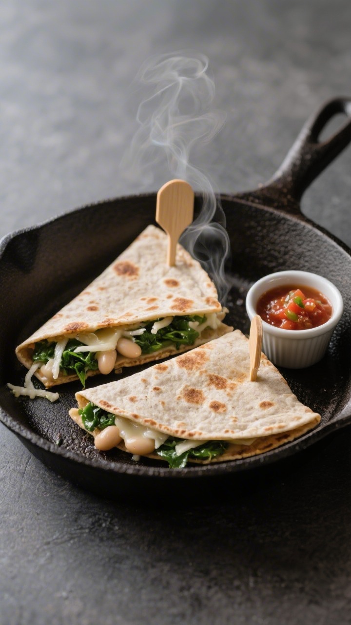 Straight-on process shot of mini veggie-packed quesadilla dippers on a cast-iron skillet: two small whole-wheat tortillas folded and crisping with light golden spots, oozing a blend of shredded mozzarella, smooth mashed white beans, and very finely chopped spinach at the seams; cut into narrow dippable wedges with a small ramekin of mild salsa on the side, steam gently rising, simple slate background emphasizing the melted interior.