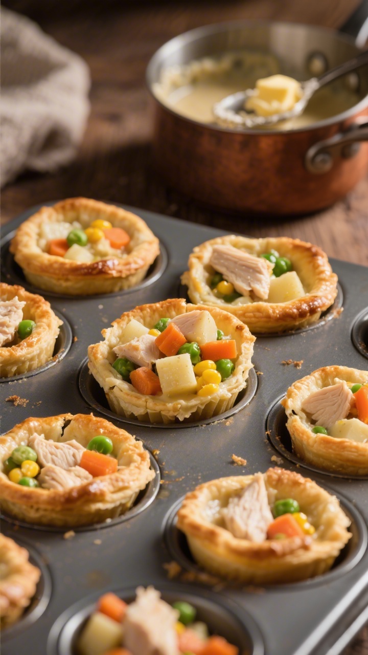 Straight-on process-to-final composite styling: a nonstick muffin tin filled with mini chicken pot pie muffins—golden, flaky tops just cracked to reveal creamy filling of diced cooked chicken, thawed mixed vegetables (carrots, peas, corn), and tiny potato cubes; a small saucepan and spoon with butter-flour roux remnants in the background to hint at the creamy base; warm, cozy lighting, tight focus on the glossy, savory filling.