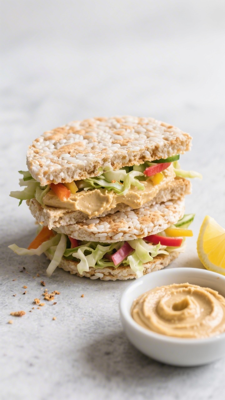 Straight-on sandwich stack of crispy rice cake sandwiches with creamy hummus veggie slaw: two rice cakes layered with whipped hummus mixed with lemon juice, olive oil, and garlic powder, overfilled with finely shredded cabbage/coleslaw and thinly sliced colorful veggies; one sandwich cut in half to show texture and layers; extra hummus swirled in a small bowl, lemon wedge on the side; bright, crisp styling on a light slate surface.