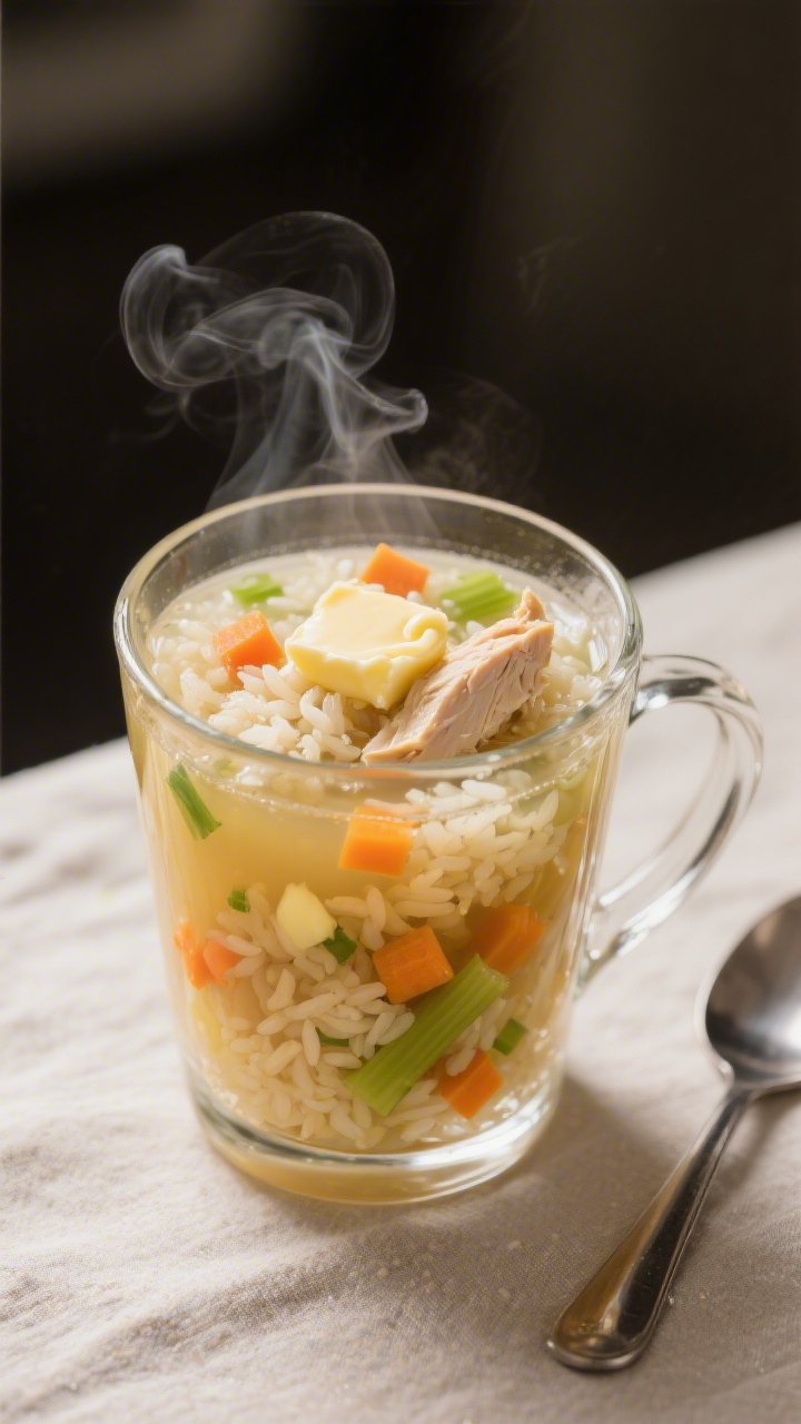 Straight-on shot of a cozy chicken rice “cup-o-soup” upgrade in a clear glass mug: steaming broth with tiny diced carrots, celery, and very mild minced garlic, tender flaked chicken, and soft rice suspended in a clear, low-sodium golden broth; a small curl of butter melting on top, fine steam visible; set on a neutral linen with a teaspoon beside it; simple, comforting, kid-friendly presentation.