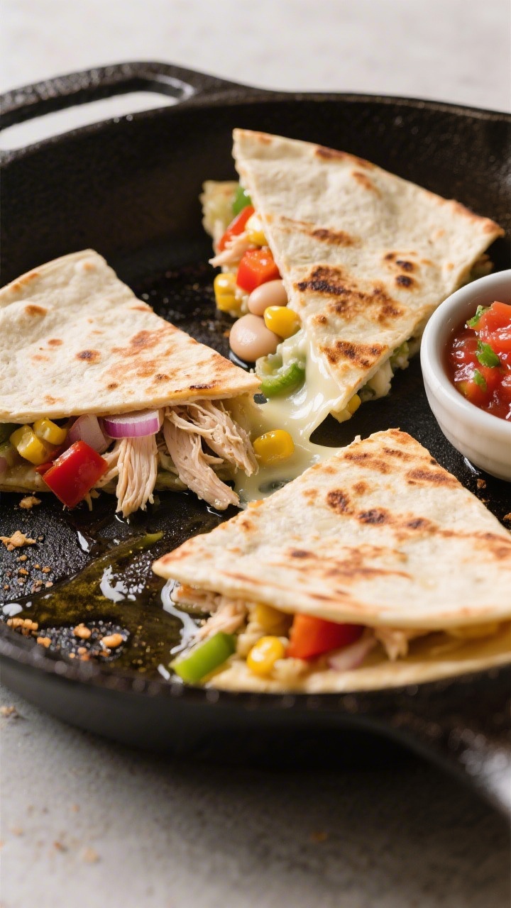 Straight-on shot of a sliced chicken veggie quesadilla on a cast-iron skillet, triangles revealing a gooey cheese pull with mashed white beans, shredded chicken, finely chopped onion and red/yellow bell pepper, and corn; lightly charred tortilla with crisp edges, a small bowl of salsa on the side; rustic one-pan vibe with olive oil sheen and tidy crumbs.
