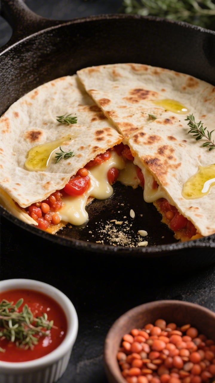Straight-on shot of a sliced quesadilla on a cast-iron skillet, revealing gooey cheese layered with a smooth red lentil-tomato filling seasoned with oregano and garlic powder; edges crisp and lightly blistered, a brush of olive oil sheen on the tortilla surface; small ramekins of simple tomato sauce and dried oregano nearby, plus a tiny bowl of cooked red lentils for context; moody yet vibrant color contrast, sharp focus on the molten interior, professional styling, no hands.