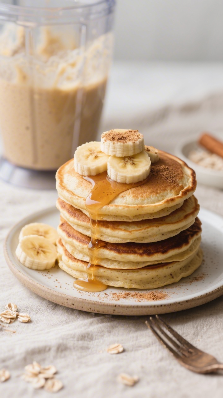 Straight-on shot of banana oat blender pancakes stacked high on a small plate, tender and fluffy with a warm golden hue, light cinnamon specks visible; a drizzle of maple syrup cascading down the sides, sliced banana fans and a dusting of cinnamon on top; background shows the blender jar with residual batter to emphasize no-flour, no-fuss method; soft morning light, neutral linens, minimal rustic fork.