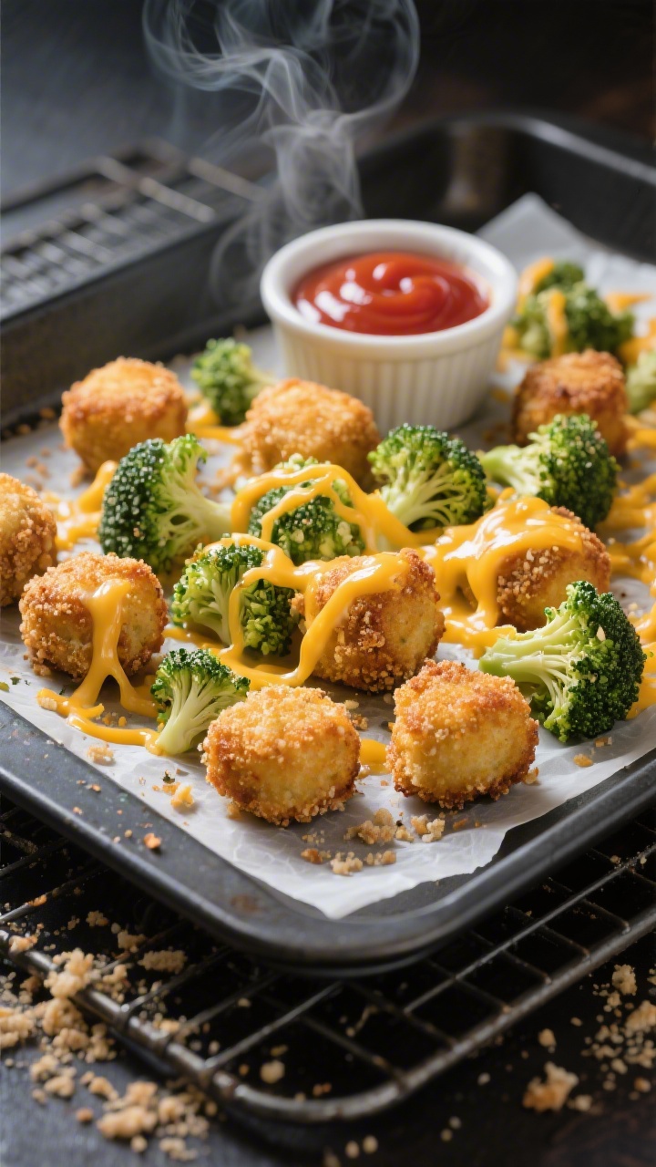 Straight-on shot of Cheesy Broccoli Tots fresh from the oven on a dark sheet pan lined with parchment: golden-brown, crisp-edged tots made from finely chopped broccoli florets, beaten egg, shredded cheddar, breadcrumbs, and a pinch of seasoning, with melty cheese threads visible. Include a small ramekin of ketchup or ranch for dipping, scattered breadcrumb crumbs, and a cooling rack behind. Steam subtly rising, sharp detail, savory, kid-appeal styling.