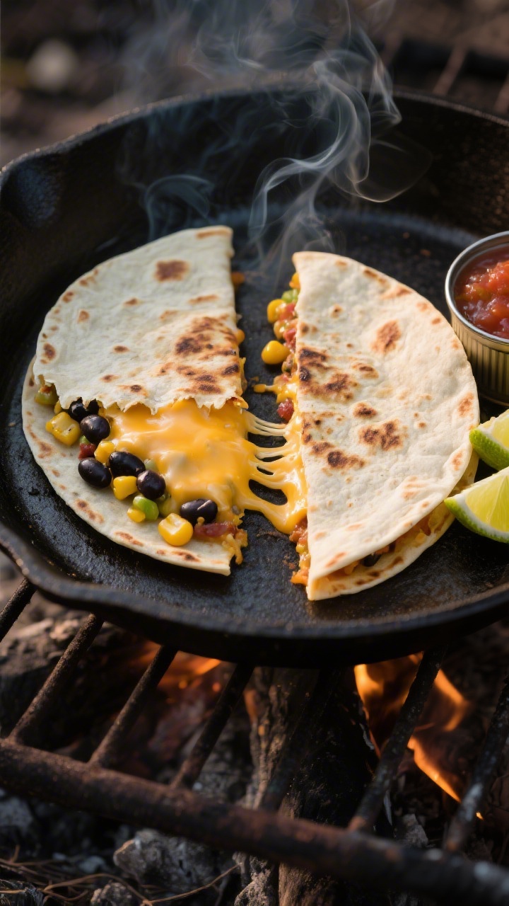 Straight-on shot of Cheesy Campfire Quesadilla Pockets on a cast-iron skillet over a camp grate: folded medium flour tortillas sealed into half-moon pockets, cheese visibly melting from crimped edges, with black beans, sweet corn kernels, and mild salsa peeking from a split pocket. A small tin of extra salsa and lime wedges to the side. Gentle wisps of steam and light char marks convey heat; rich, melty cheese pull from one torn pocket. Moody outdoor lighting, high contrast, tack-sharp textures.