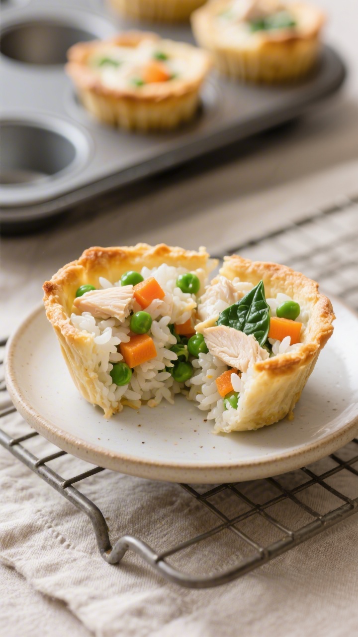 Straight-on shot of creamy chicken and veggie rice cups baked in a muffin tin, each cup packed with cooled white rice, finely chopped cooked chicken, diced carrots, baby spinach, and bright green peas bound together, lightly golden on top; one cup lifted onto a small plate, cut in half to show the creamy interior and colorful veggie mix; neutral linen and a cooling rack in the scene, clean family-friendly mood, sharp detail and soft background blur.