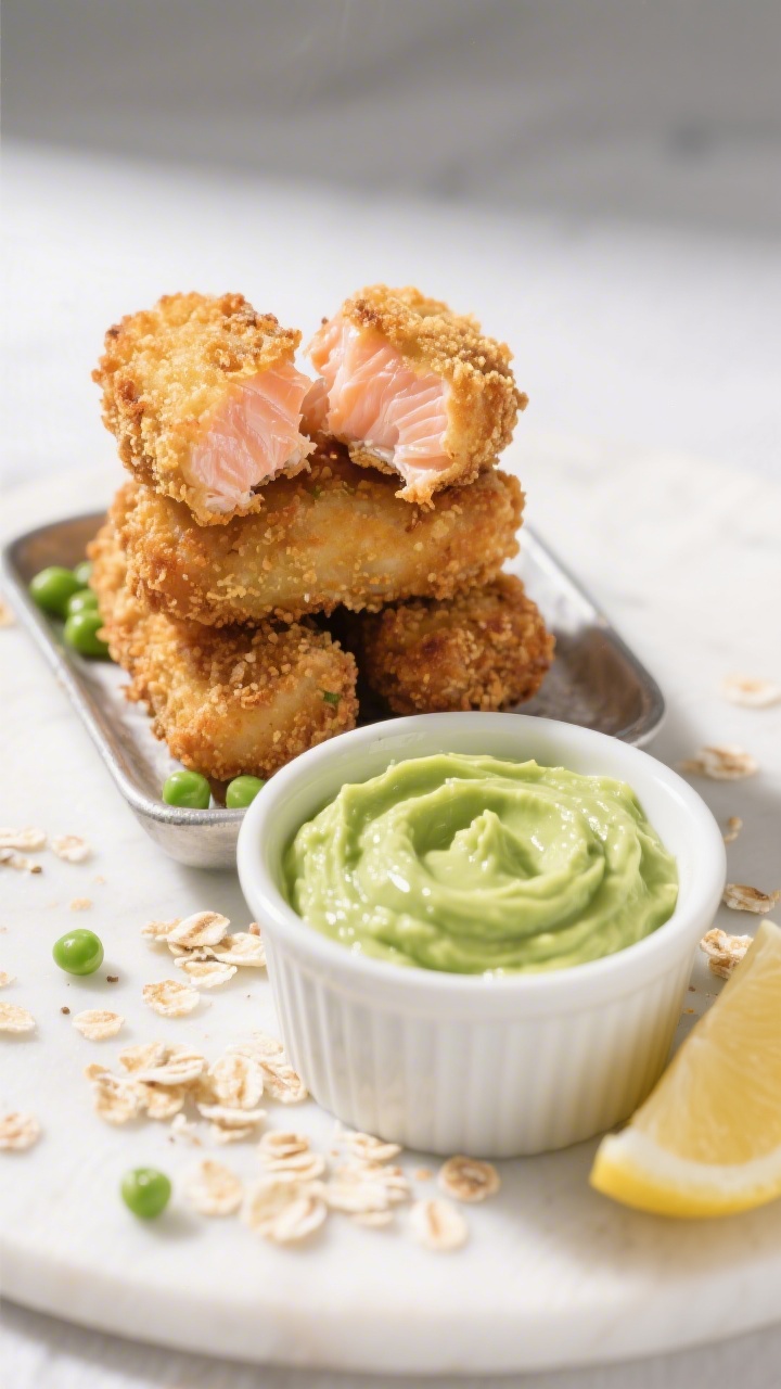 Straight-on shot of Crispy Salmon Nuggets with Avocado Pea Dip: crunchy gluten-free breaded salmon nuggets (GF breadcrumbs, crushed rice cereal/cornflakes, ground flax) stacked on a small tray, the flaky pink salmon visible in a broken piece; front-and-center ramekin of creamy green avocado-pea dip with a smooth swirl; scattered crumbs and a lemon wedge for brightness; clean, bright background, sharp texture contrast highlighting crisp coating and moist fish.