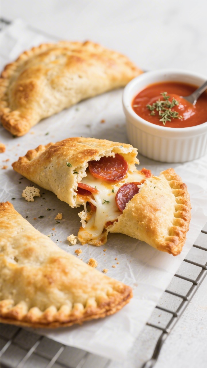 Straight-on shot of golden-brown handheld pizza pockets made with cauliflower crust, crimped edges, one pocket torn open to reveal stretchy mozzarella, pepperoni slices, and a spoonful of marinara; light oregano dusting and a ramekin of warm sauce for dipping; arranged on parchment over a wire rack, subtle crumbs and melted cheese pulls, modern minimal background.