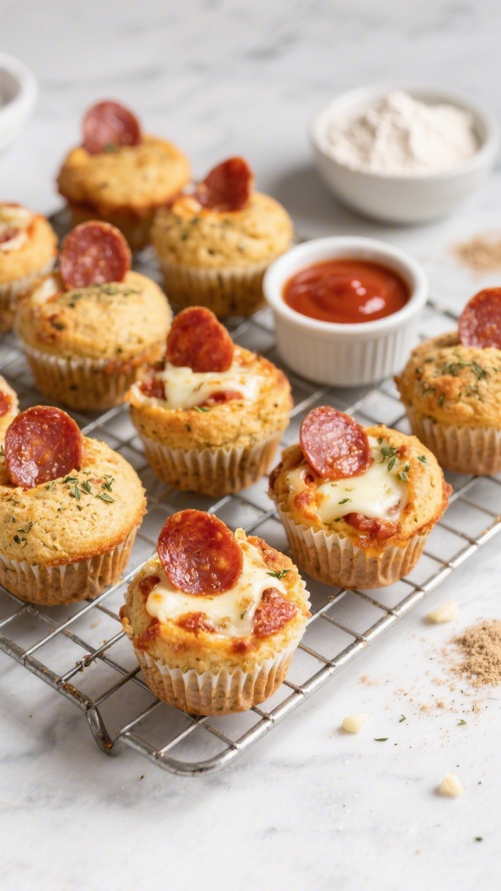 Straight-on shot of pizza muffins with pepperoni dippers arranged on a wire rack: domed, golden gluten-free muffins flecked with Italian seasoning and garlic powder, pockets of melted mozzarella visible; mini pepperoni slices tucked into the tops, with a side ramekin of warm marinara for dipping; ingredients hinted in the scene with a small bowl of gluten-free flour and a sprinkle of baking powder nearby; clean, playful styling, high contrast light for appetizing crumb detail.