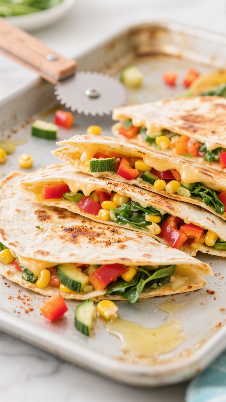Straight-on shot of rainbow sheet-pan veggie quesadillas just out of the oven: tortillas folded and crisp with gooey cheese at the seams, cross-sections showing a colorful mix of tiny-diced bell peppers (red, yellow, green), finely chopped zucchini, sweet corn kernels, and chopped spinach; light sheen of olive oil and a sprinkle of taco-style seasoning on top; served on the same sheet pan with pizza wheel nearby, a few scattered veggie bits on the pan, edges blistered and golden; bright, vibrant, kid-appealing.
