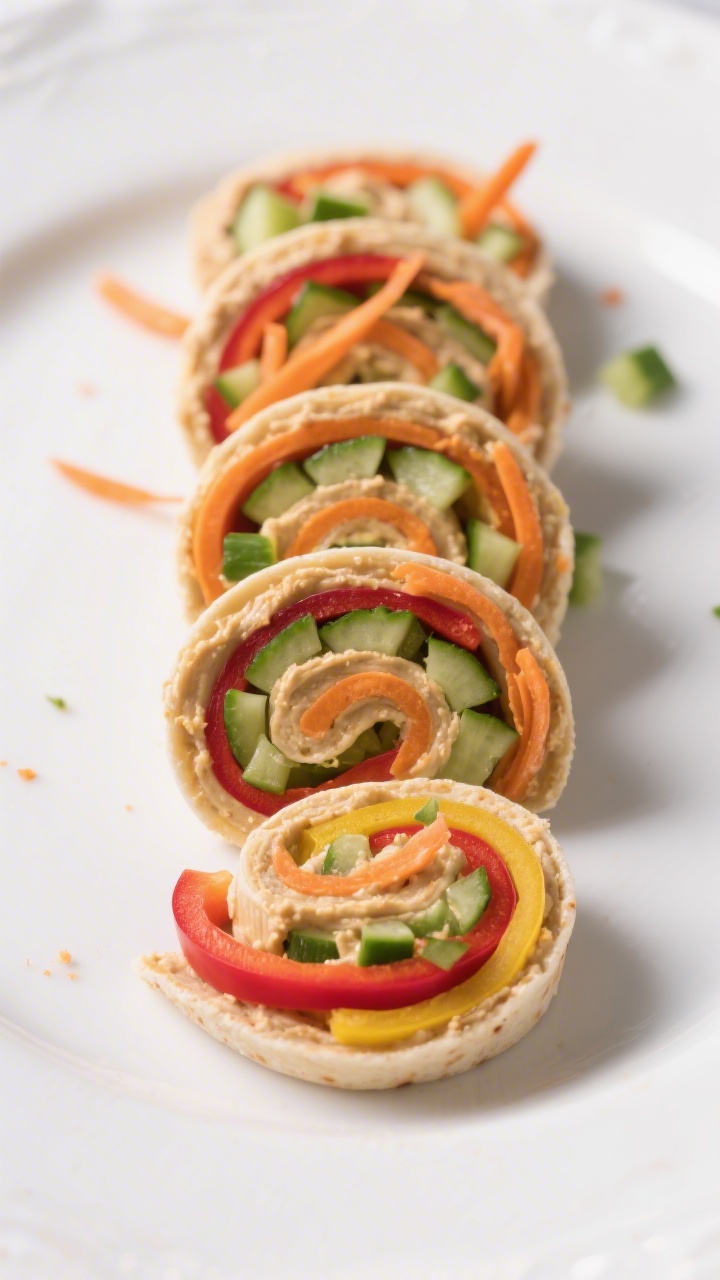 Straight-on shot of rainbow veggie hummus pinwheels: tight spirals sliced to reveal layers—soft tortillas spread with hummus, rows of finely shredded carrot (orange), diced cucumber (green, seeds removed), and very thinly sliced bell pepper (red/yellow); arranged upright like coins with a few laid flat to show swirls; clean white plate, bright natural light, minimal crumbs.