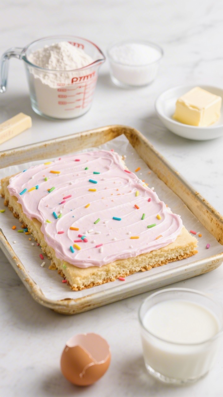 Straight-on shot of sprinkle-flecked Easter sugar cookie bars in a parchment-lined rectangular pan, one clean swipe of pastel buttercream frosting across the top, rainbow jimmies scattered. Visible ingredients staged beside: measuring cup of all-purpose flour, stick of softened unsalted butter, bowl of granulated sugar, a cracked egg in a small dish, a splash of milk in a glass. Golden edges on bars, soft interior crumb, bright, clean kitchen backdrop, minimalistic styling.