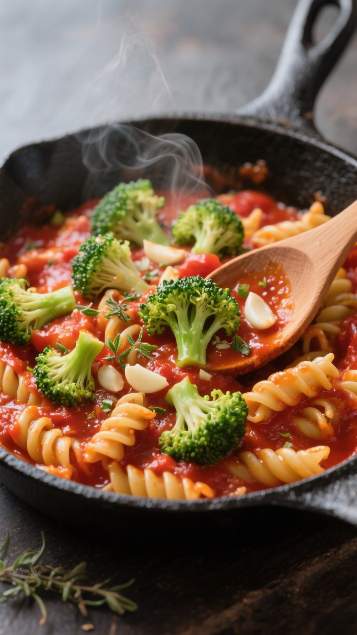 Straight-on skillet scene of pizza pasta with broccoli “trees”: a black cast-iron skillet filled with short pasta (rotini) coated in glossy marinara thinned with a splash of water, studded with small bright-green broccoli florets, minced garlic shimmer, and a sprinkle of dried oregano; light steam rising, a wooden spoon nestled in, warm red-and-green palette evoking kid-friendly pizza flavors, shallow depth of field.