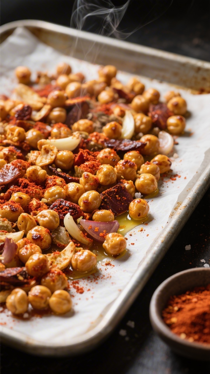 Straight-on tray shot of Crunchy Chickpea Snack Mix fresh from the oven: a sheet pan lined with parchment holding a single layer of golden, blistered chickpeas glistening with olive oil, dusted evenly with smoked paprika, garlic powder, onion powder, and salt. A tiny wisp of steam, spice smudges on the parchment, and a small bowl of the spice blend off to the side. Rich contrast and crisp highlights to showcase crunch; moody yet clean kitchen backdrop emphasizing the deep paprika-red and toasted amber tones.