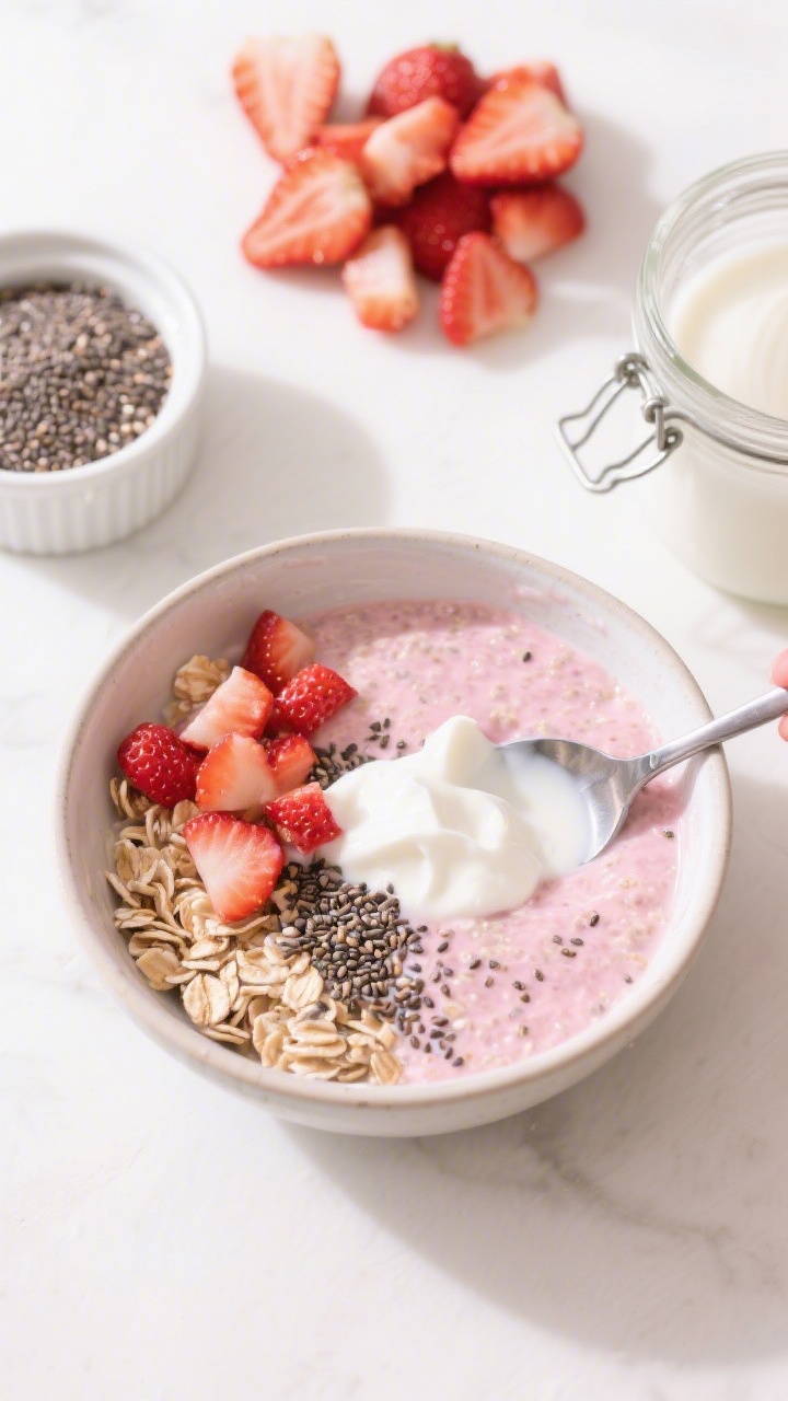 Strawberry shortcake overnight oats, ingredients-and-assembly shot at 45 degrees: a mixing bowl with rolled oats, milk, plain whole-milk yogurt, finely chopped strawberries, and chia seeds visibly sprinkled in; a spoon mid-stir to show the pretty-in-pink creaminess and seedy texture; supporting elements include a ramekin of chia, a pile of chopped fresh strawberries, and a jar ready for meal prep; bright, cheerful styling with pastel hues and clean white surface.