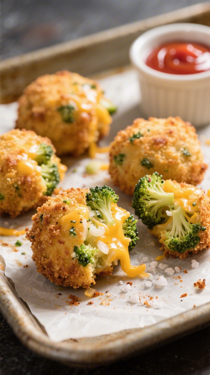 Three-quarter 45-degree angle close-up of golden-brown cheesy broccoli tots on a parchment-lined sheet pan just out of the oven: visible bits of finely chopped blanched broccoli, melted shredded cheddar peeking through, lightly crisped breadcrumb crust, flecks of onion powder. A small ramekin of ketchup or yogurt dip on the side, a sprinkle of sea salt on the pan, warm directional light to emphasize texture, shallow depth of field, no people.