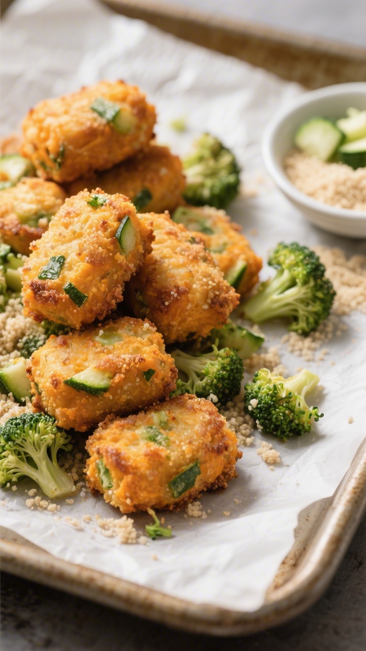 Three-quarter 45-degree angle shot of baked veggie tots made from mashed sweet potato, finely grated zucchini (squeezed dry), chopped steamed broccoli, and fine gluten-free breadcrumbs, piled on a parchment-lined baking sheet just out of the oven. Golden-crisp edges, flecks of green zucchini and broccoli visible, a small dish of gluten-free breadcrumbs and raw grated zucchini off to the side for context. Warm directional light to highlight texture, minimal props, crisp, clean look.
