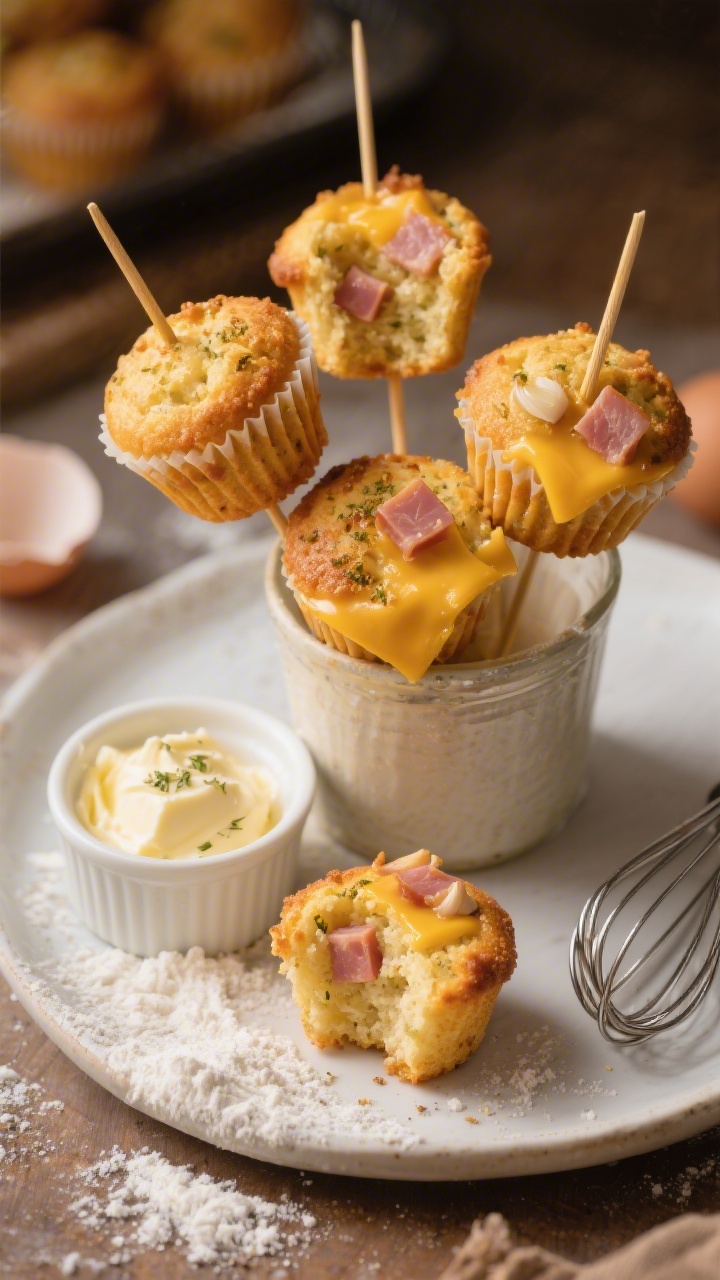 Three-quarters plated presentation of Savory Ham-and-Cheese Muffin Pops: golden mini muffins baked on sticks, showing a tender crumb with diced ham and melted cheddar inside, seasoned with garlic powder, leavened by baking powder and baking soda, and moistened with eggs and plain yogurt. Arrange in a small tumbler like a bouquet, with a few popped open to reveal the interior. Include a ramekin of Dijon or herbed butter, a dusting of flour on the surface, and a whisk in frame. Warm, bakery-style lighting, crisp focus.