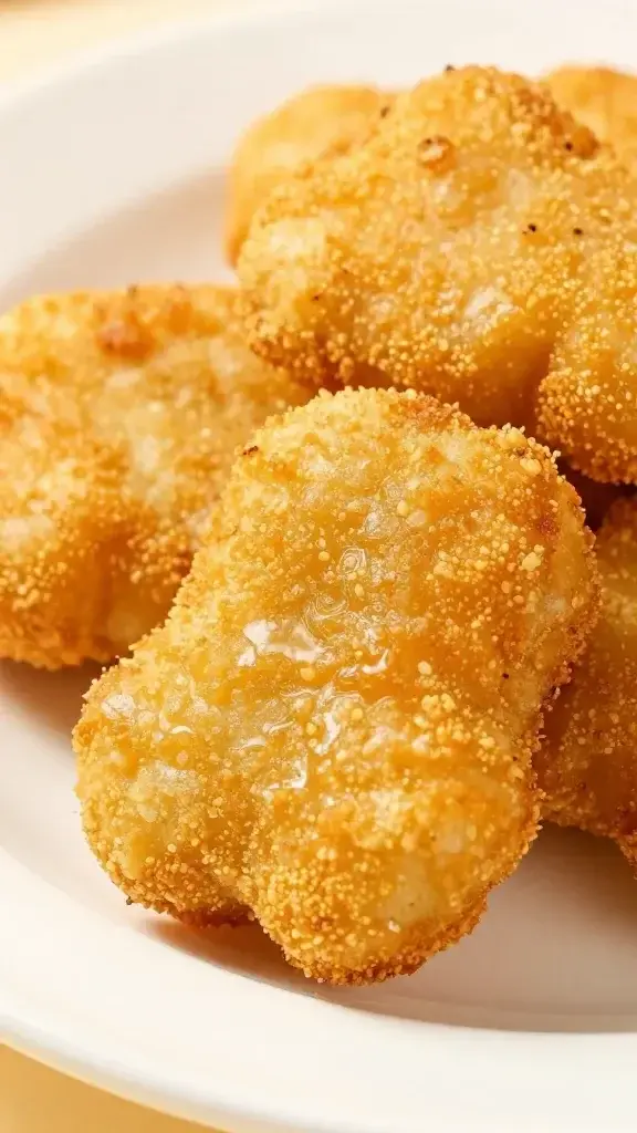 closeup of crispy toddler chicken nugget on white plate