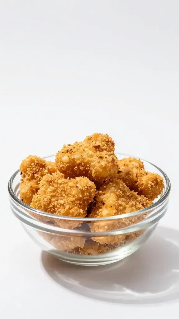 glass bowl of crispy coating crumbs with single nugget spotlighted