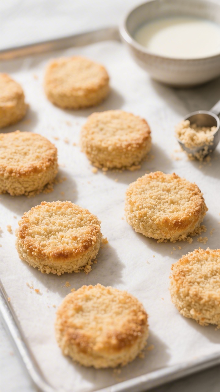 5-inch rounds spaced evenly, a small scoop resting to the side; breadcrumb-milk mixture bowl in soft