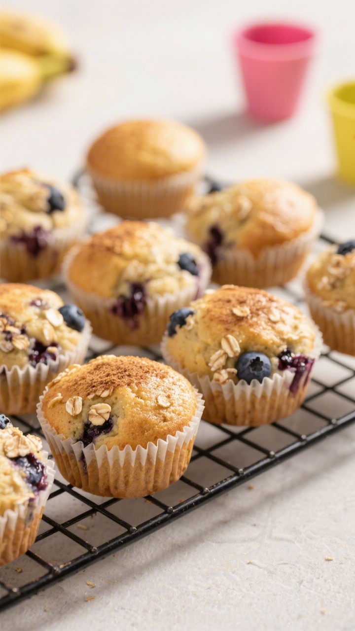Close-up detail: A batch of freshly baked mini banana-blueberry muffins cooling on a wire rack, gold