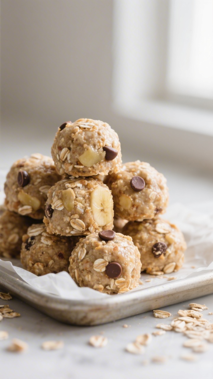 Close-up detail: A cluster of no-bake toddler oatmeal bites just after chilling, stacked casually on