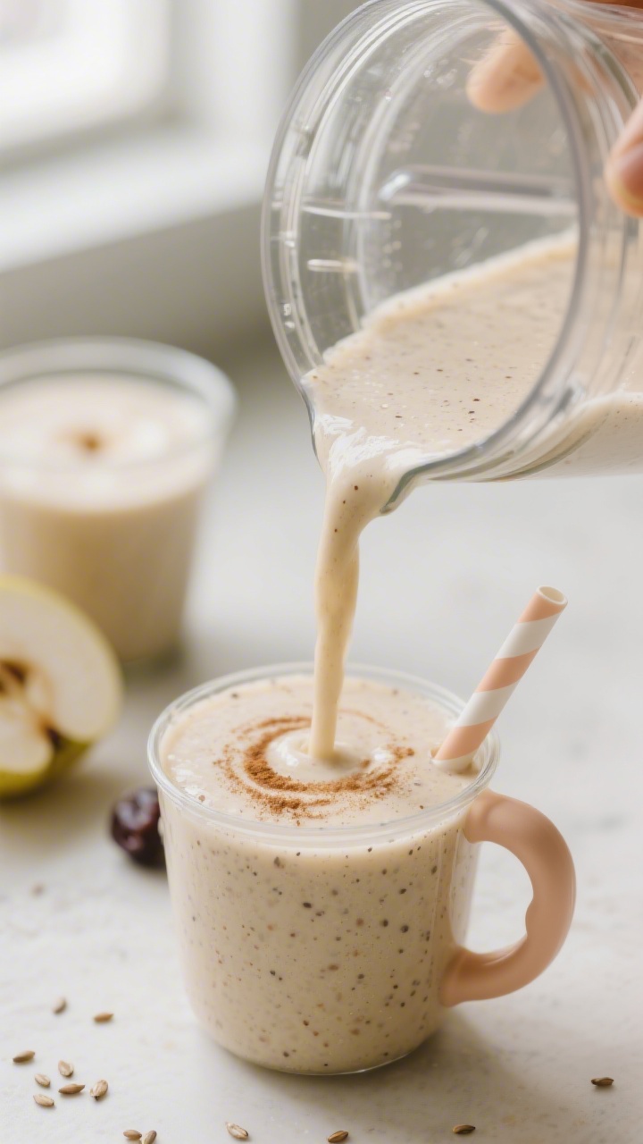 Close-up detail: A creamy apple–pear–prune constipation smoothie just finished blending, being p