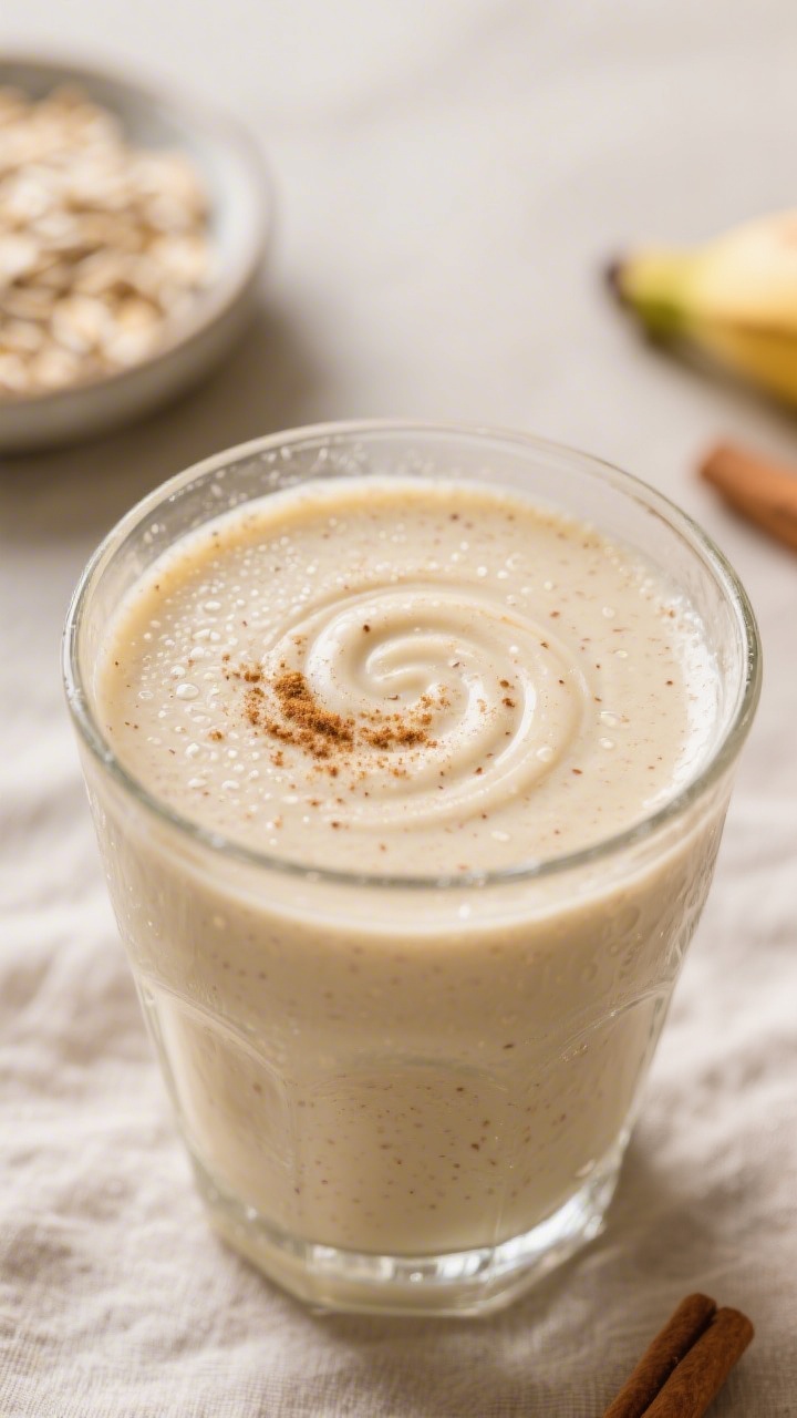 Close-up detail: A creamy banana breakfast smoothie just after blending, poured into a clear glass w