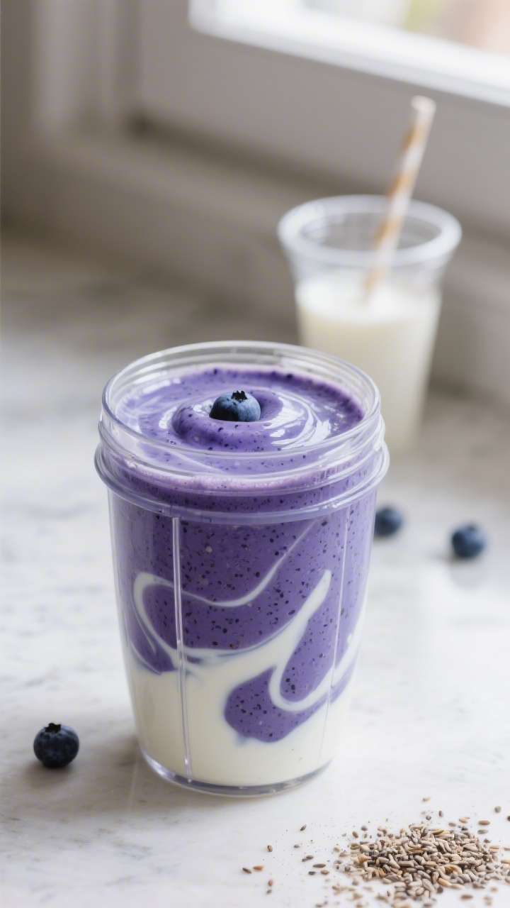 Close-up detail: A creamy blueberry toddler smoothie mid-blend in a clear blender jar, showing swirl