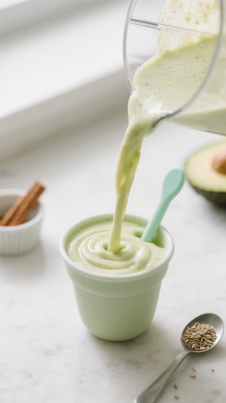 Close-up detail: A creamy, pale-green avocado toddler smoothie being poured from a blender into a sm