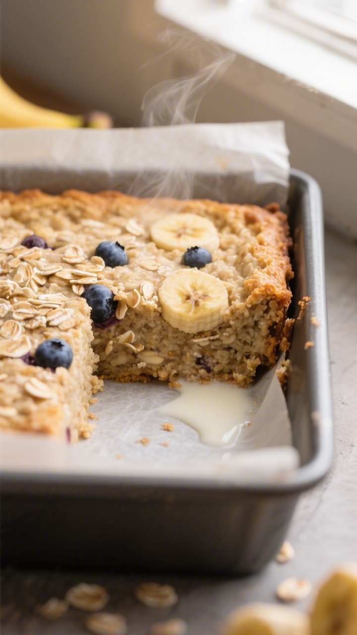 Close-up detail: A freshly baked banana baked oatmeal square just cut from the pan, edges lightly go